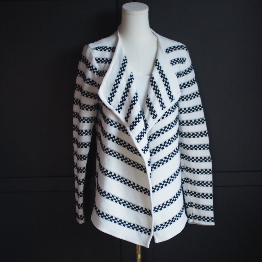 Talbots | Cotton Blend Black & White Knit/Woven Open Cardigan